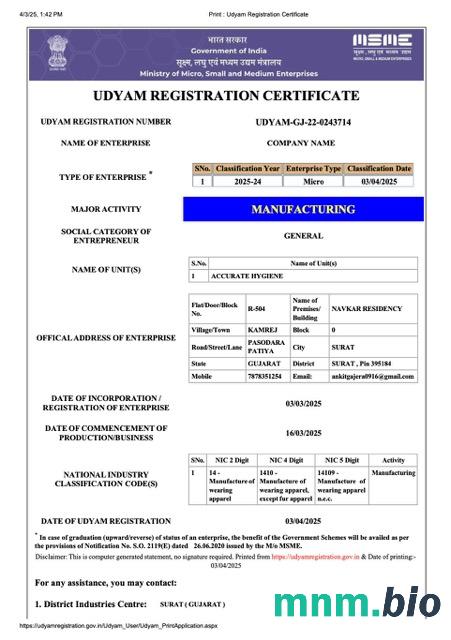 India udyam registration vcertyfikat Word i szablon PDF